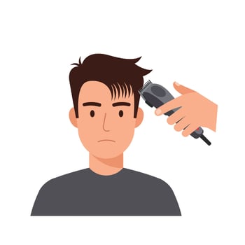 Young man receiving a haircut with clippers in a modern barbershop setting. vector