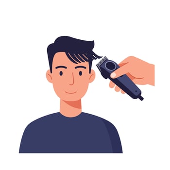 A Young man receiving a haircut with clippers in a modern barbershop setting vector