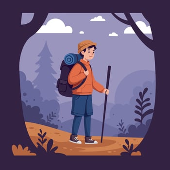 A young hiker in a vibrant orange sweater and backpack exploring a serene forest path in flat art vector