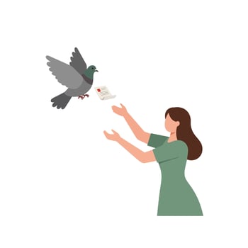 Woman releasing pigeon with message in flat illustration vector