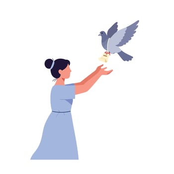 Young Woman releasing bird with letter in flat illustration style vector