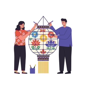 Two people painting a colorful lantern in flat art style vector