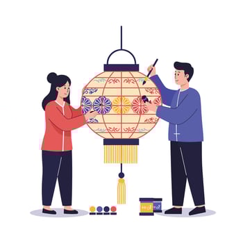 Peoples decorating a colorful lantern in flat art style vector
