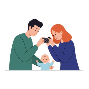 Family capturing precious moments together in flat art illustration vector
