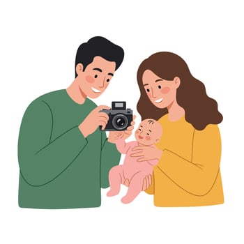 Happy family capturing memories together in flat illustration vector