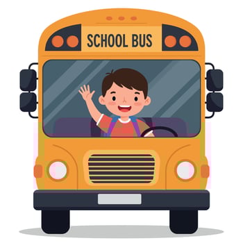 Cheerful boy waving from a bright yellow school bus in a playful flat illustration vector
