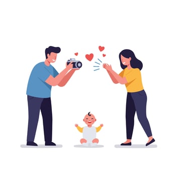 Happy family capturing joyful moments with baby in flat art vector