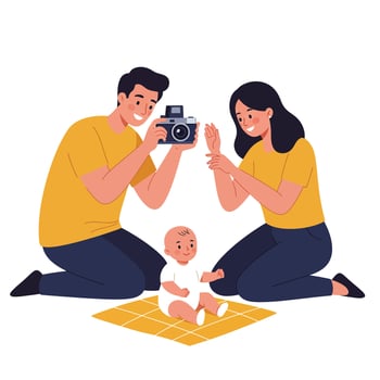 Family capturing joyful moments with baby in flat, minimal illustration vector