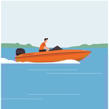 Orange speedboat navigating through blue water in flat art style illustration vector