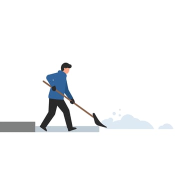 Person shoveling snow in winter attire with flat design style art vector