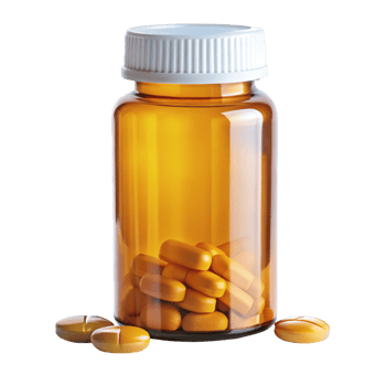 Transparent amber pill bottle filled with yellow tablets, isolated on Transparent Background, for medication storage png