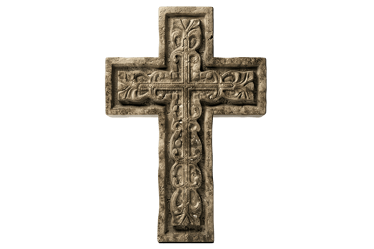 An intricately carved, aged stone cross, illuminated against a transparent background, with floral detailing along each arm png