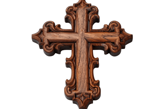 Carved wooden cross with ornate detailing against a transparent background, symbolizing faith and craftsmanship png