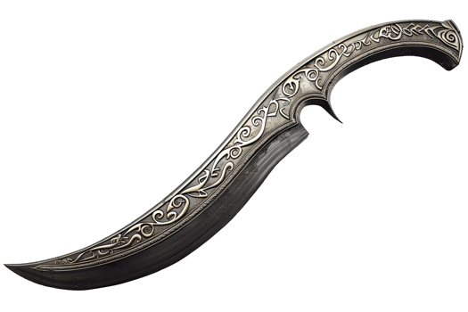 A curved, ornate blade with intricate silver detailing. The dark metal gleams, evoking an ancient, mysterious aura png