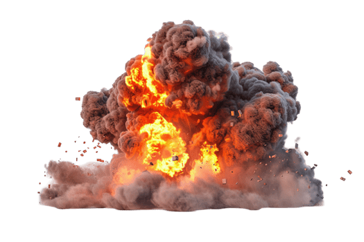 Fiery explosion with a powerful burst. Intense orange flames, dark smoke, and debris transparent background png