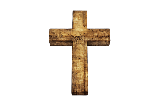 Old, weathered wooden cross on transparent background. Mottled brown texture. Symbol of faith, spirituality, and antiquity. Somber and impactful png