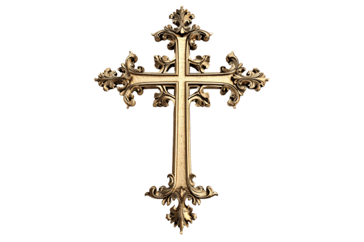 Detailed gold cross on transparent background. Ornamental shape, symbol, and ornate details define the Christian cross. Symbol of faith and religion png