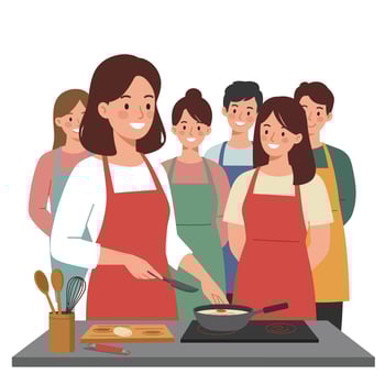Cooking class scene with a instructor and students in flat art style vector