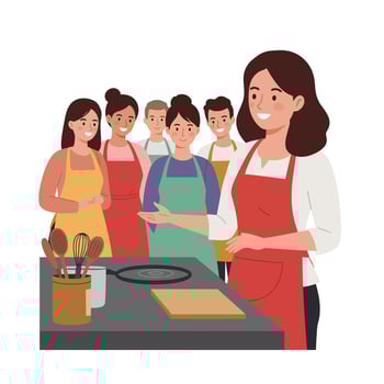 Cooking instructor demonstrating skills to enthusiastic students in flat art vector