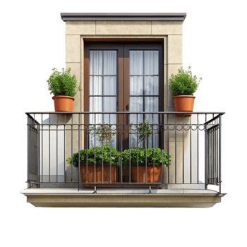 Modern balcony design with glass railing, ideal for urban apartments or homes, providing a private outdoor area png