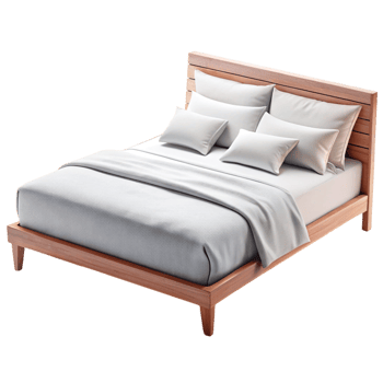Scandinavian inspired wooden bed frame with plush pillows and simple, sophisticated bedding in soft gray tones, perfect for minimalist decor png