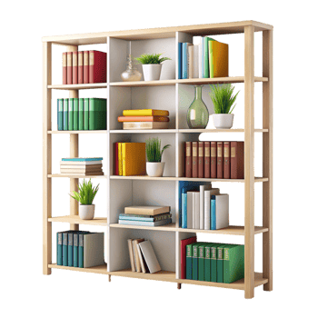 Contemporary wooden bookshelf displaying vibrant books and houseplants, perfect for modern home decor png