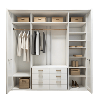 Modern wardrobe closet with open doors showing organized clothing, shoes, and storage boxes in a clean interior png