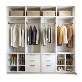 Minimalist built in wardrobe closet with shelves and hanging rods for clothes and accessories, organized neatly png