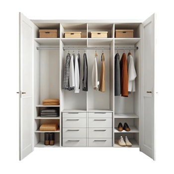 Contemporary open closet design featuring storage compartments, hanging rods, and drawers for clothing and shoes png