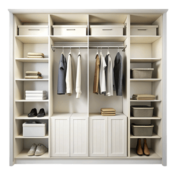 Spacious modern closet interior with neatly arranged clothes, footwear, and storage baskets, designed for functionality png