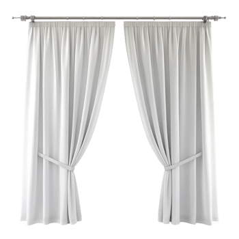 Elegant white curtains with tiebacks on a decorative metal rod, perfect for modern home interiors and window dressing png