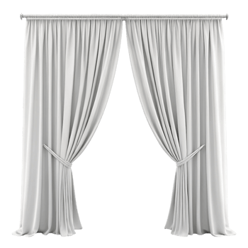 Minimalist white curtains with soft pleats and rod set, ideal for enhancing natural light and privacy in homes png