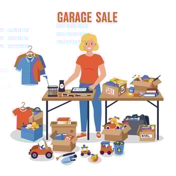 Woman organizing a garage sale in flat art style with colorful items and boxes vector