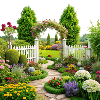 Beautiful flower garden with lush greenery, colorful flowers, and a white picket fence archway, perfect for landscaping inspiration png