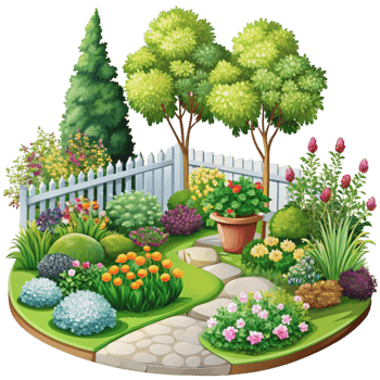 Lush garden landscape with a variety of vibrant flowers, well manicured shrubs, and a white picket fence, showcasing outdoor beauty png