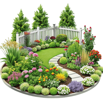 Vibrant garden path surrounded by blooming flowers, greenery, and a white fence, creating a peaceful and inviting outdoor space png