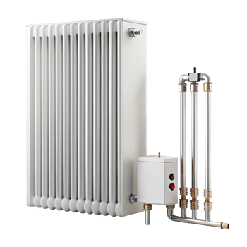 Modern home radiator with a sleek white design, featuring connected pipes and control valve for efficient heating png