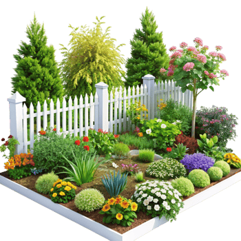 Charming garden scene with blooming flowerbeds, well trimmed hedges, and a white picket fence, ideal for garden design inspiration png