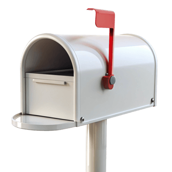 Standard residential mailbox with red flag and open lid, durable metal construction for daily use, isolated on white png
