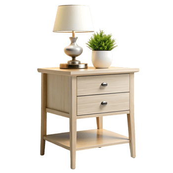 Elegant Scandinavian style nightstand with natural wood finish and minimalist design, accessorized with lamp and greenery png