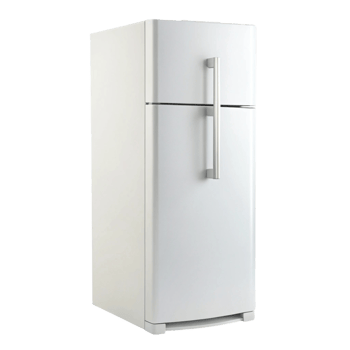 Energy saving refrigerator with spacious compartments and minimalist design, featuring polished metal handles png