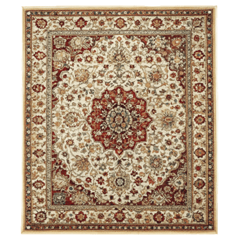 Traditional Persian style rug with intricate floral patterns and rich red and beige tones, perfect for classic home decor png