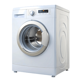 Modern front loading washing machine with digital display and sleek design isolated on Transparent Background png