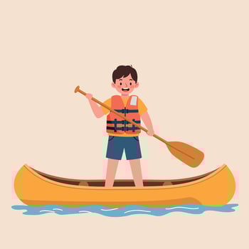 A joyful boy paddling a bright yellow kayak on calm water in a minimal style illustration vector