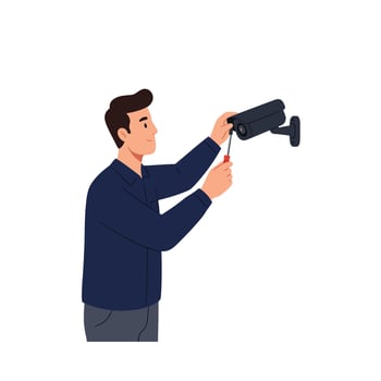 Technician repairing security camera in flat style art illustration vector