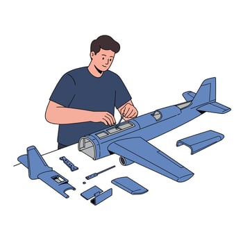 Person assembling a model airplane in a flat illustration vector
