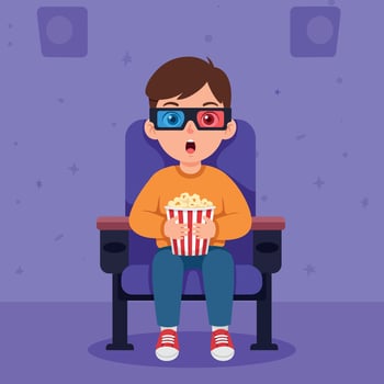 A young boy wearing 3D glasses excitedly watches a movie in a cinema seat while holding a bucket of popcorn, flat illustration vector