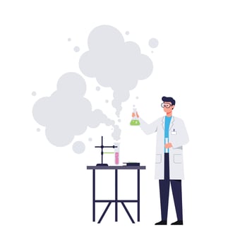 Scientist performing an experiment with beakers and smoke in flat art vector