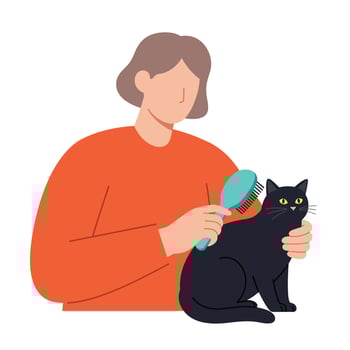 Person brushing black cat in flat design style illustration vector