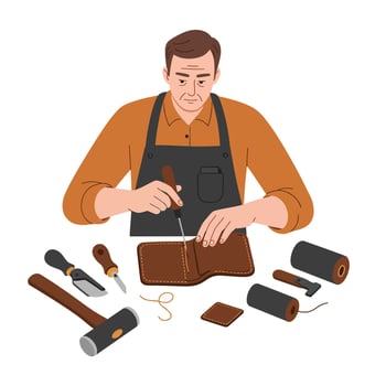 Craftsman working on leather wallet in flat design art vector